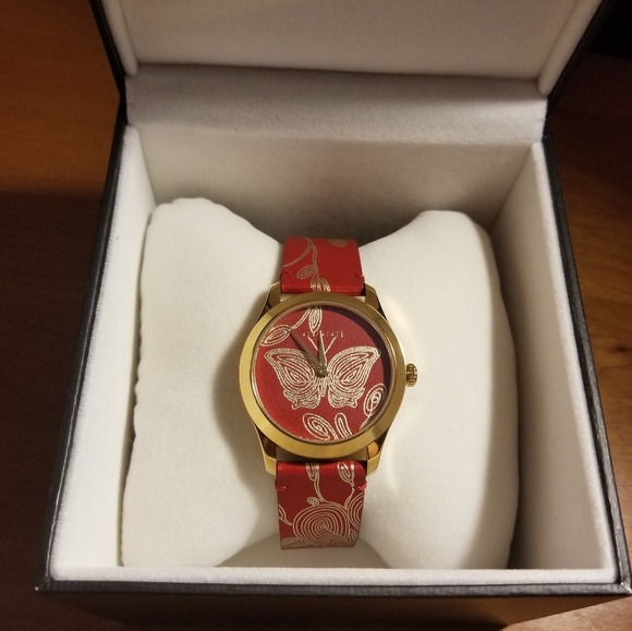 Gucci Accessories - Gucci Swiss Red Hibiscus Leather Strap Watch
